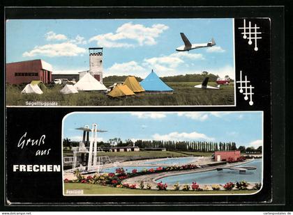 AK Frechen, Segelflugplatz mit Zelten und Flugzeugen, Freibad