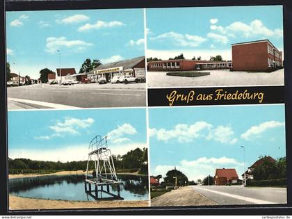 AK Friedeburg / Ostfriesl., Freibad, Supermarkt, Schule, Strassenansicht
