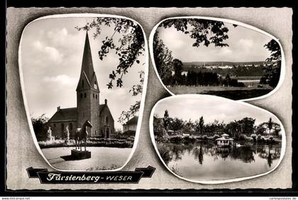 AK Fürstenberg /Weser, Kirche, Landschaft, See mit Bootshaus