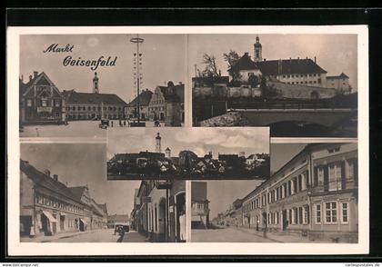 AK Markt Geisenfeld, Ortsansicht, Ortspartie mit Maibaum, Strassenpartien