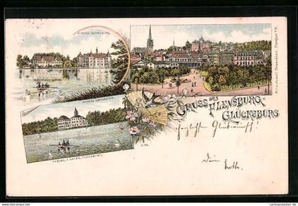 Lithographie Flensburg-Glücksburg, Schloss Glücksburg, Schloss Gravenstein, Ortspartie