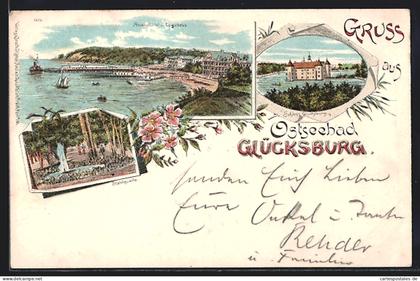 Lithographie Glücksburg, Strandhotel u. Logierhaus, Schloss Glücksburg & Stahlquelle