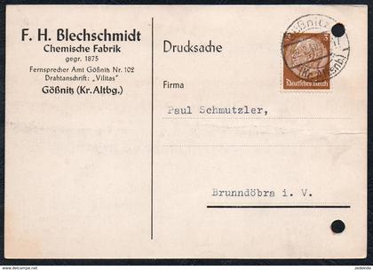 A6253 - alte Postkarte - Bedarfspost - Gößnitz Kr. Altenburg - F.H. Blechschmidt Chemische Fabrik nach Brunndöbra 1940