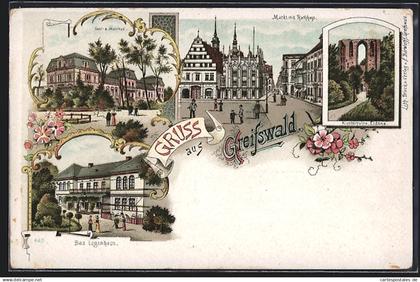 Lithographie Greifswald, Klosterruine Eldena, Sool- und Moorbad, Markt mit Rathaus