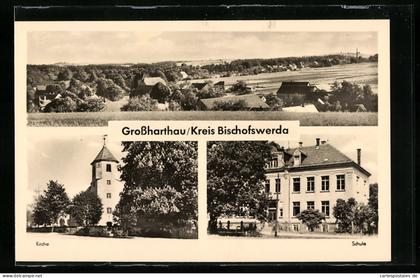 AK Grossharthau bei Bischofswerda, Kirche, Schule, Panorama