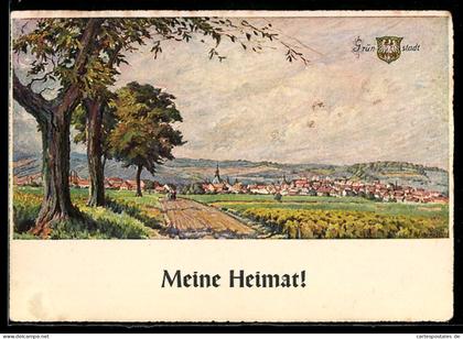 Künstler-AK Grünstadt, Teilansicht mit Bäumen