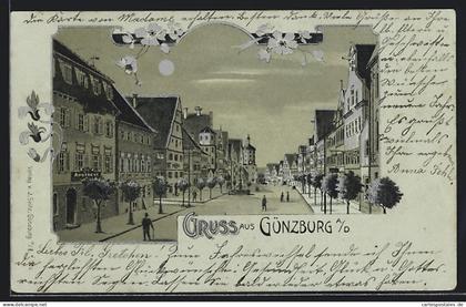 Lithographie Günzburg a. D., Strassenpartie mit Apotheke