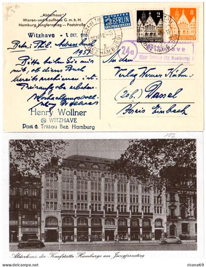 1950, Landpost Stpl. 24a WITZHAVE über Trittau auf Hamburg Alsterhaus AK