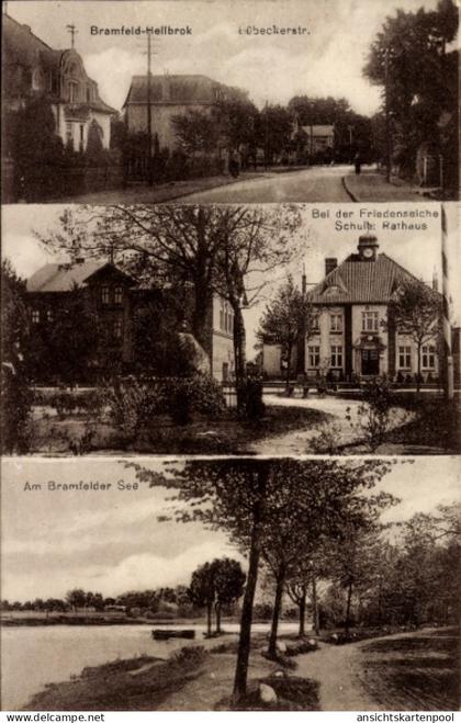 CPA Hamburg Wandsbek Bramfeld Hellbrok, Lübeckerstraße, Friedenseiche, Schule, Rathaus, See