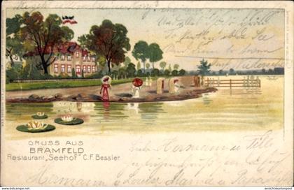 Lithographie Hamburg Wandsbek Bramfeld, Restaurant Seehof