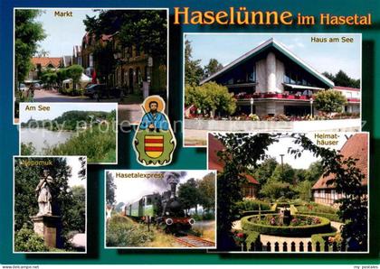 Haseluenne Marktplatz Partie am See Denkmal Nepomuk Hasetalexpress Dampflokomoti