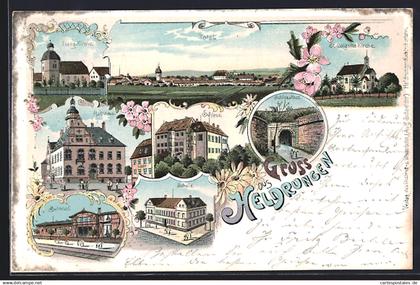 Lithographie Heldrungen, Schule, Bahnhof, Rathaus, Schloss
