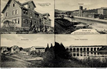 CPA Guntershausen Baunatal in Hessen, Bahnhof, Gleisseite, Gastwirtschaft, Marienheim, Fuldabrücke