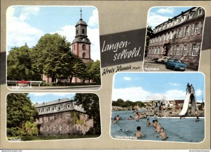 CPA Langenselbold in Hessen, Ev. Kirche, Rathaus, Schloss, Schwimmbad