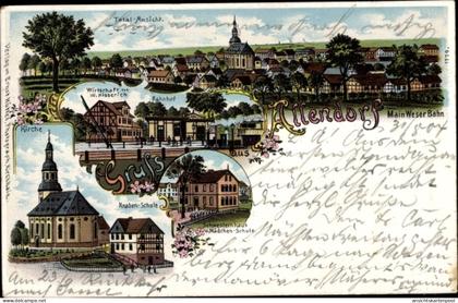 Lithographie Allendorf Stadtallendorf, Kirche, Knabenschule, Bahnhof, Schwesternhaus, Mädchenschule