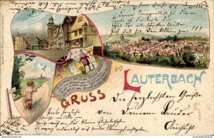 Lithographie Lauterbach an der Lauter Vogelsbergkreis, Strumpf verloren, weinendes Kind, Panorama