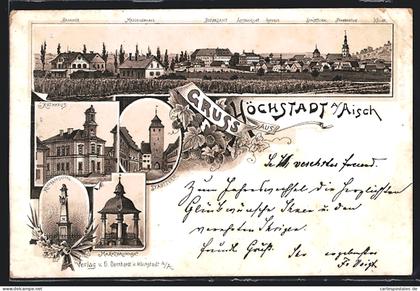 Vorläufer-Lithographie Höchstadt a. Aisch, 1895, Rathhaus, Marktbrunnen und Stadtturm, Bahnhof