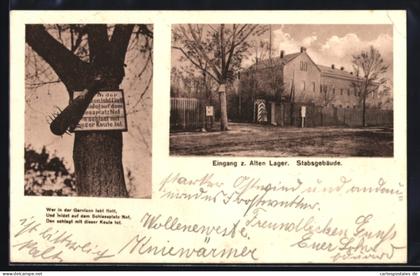 AK Jüterbog, Eingang zum Alten Lager, Stabsgebäude, Warnschild