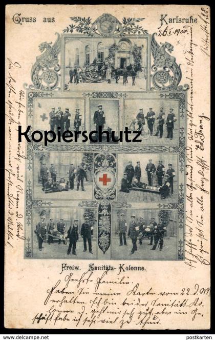 ALTE POSTKARTE GRUSS AUS KARLSRUHE FREIW. SANITÄTS-KOLONNE ambulance dog Hund chien ambulancier red cross Rotes Kreuz