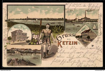 Lithographie Ketzin a. H., Bahnhof, Postamt, Fähre, Ruderer