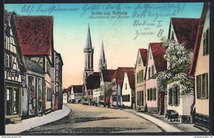 AK Bellheim, Hauptstrasse mit Kirchen
