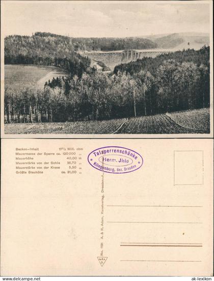 Ansichtskarte Klingenberg (Sachsen) Talsperre, Talsperrenschänke 1924