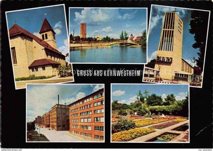 Kornwestheim Kirche Teich Bruecke Wasserturm Salamander-Werkschulen Blumengarten