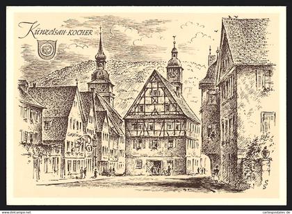 Künstler-AK Künzelsau /Kocher, Strassenpartie mit Fachwerkhäusern