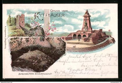 Lithographie Kyffhäuser, Kyffhäuser-Denkmal, Ruine, Schweizerlandschaft mit Barbarossa-Höhle