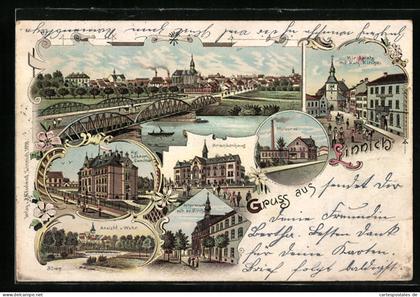 Lithographie Linnich, Krankenhaus, Molkerei und Kirchplatz m. Kath. Kirche