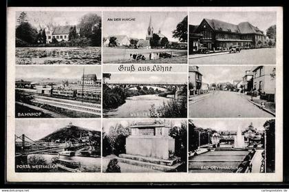 AK Löhne, Bahnhof, Bahnhofsgebäude, Werrebrücke, An der Kirche, Kriegerdenkmal