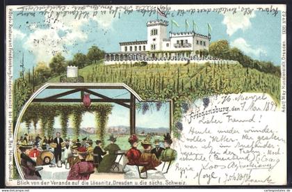 Lithographie Lössnitz / Dresden, Gasthaus Friedensburg, Blick von der Veranda