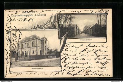 AK Hamburg-Lokstedt, auf dem Truppenübungsplatz, die Kommandantur, Blick in die Barackenstrasse