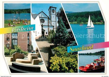Losheim See Badestrand Kirche Segelboot Tretboot Feriengebiet Saar Mosel Hunsrue