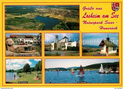 Losheim See Naturpark Saar Hunsrueck Fliegeraufnahme Brunnen Rathaus Strandleben