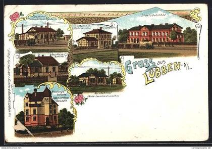 Lithographie Lübben /N.-L., Verwaltungs-Gebäude Lübben Cottbuser Kreisbahn, Staatsbahnhof, Anschluss-Bahnhof