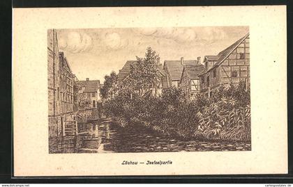 Künstler-AK Lüchow, Jeetzelpartie mit Fachwerk