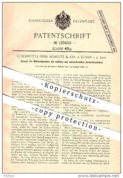 original Patent - Lünerhütte Ferd. Schultz & Co. in Lünen a. d. Lippe , 1898 , Einsatz für Milchschleudern !!!