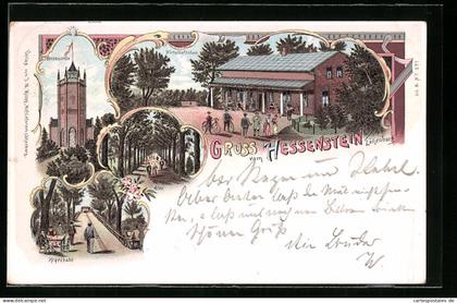 Lithographie Lütjenburg, Gasthaus Hessenstein, Kegelbahn, Allee