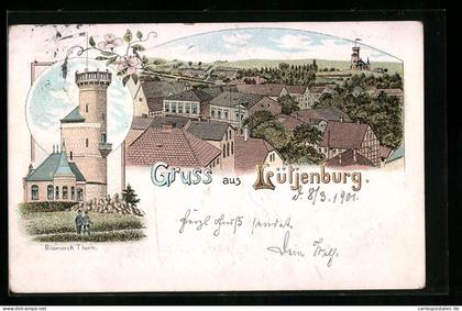 Lithographie Lütjenburg, Ortsansicht mit Bismarck-Turm