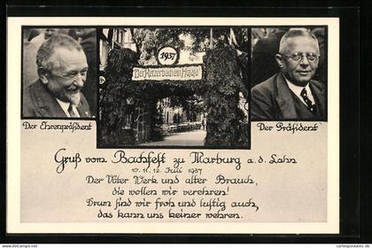 AK Marburg a. d. Lahn, Bachfest 1937 mit Porträts des Ehrenpräsidenten und des Präsidenten