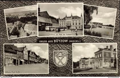 CPA Bützow in Mecklenburg, Wappen, Rathaus, Platz der Freiheit, Wilhelm Pieck Straße, Bahnhof