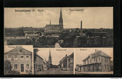 AK Schaephuysen Kr. Mörs, Bahnhof, Hauptstrasse & Total-Ansicht