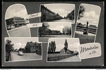 AK Monheim a. Rh., Figur im Park, Strassenpartie mit VW Käfer