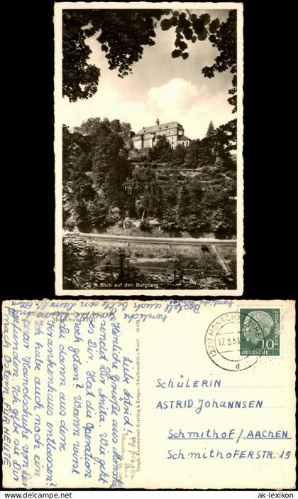 Monschau/Eifel Montjoie Blick auf den Burgberg mit Burg Monschau 1953