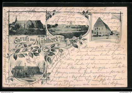 AK Mühlberg a. d. Elbe, Rathaus und Kriegerdenkmal, Schloss, Altstädter Kirche