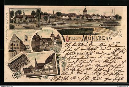 Lithographie Mühlberg a. Elbe, Schloss, Kaiserliches Postamt, Rathaus