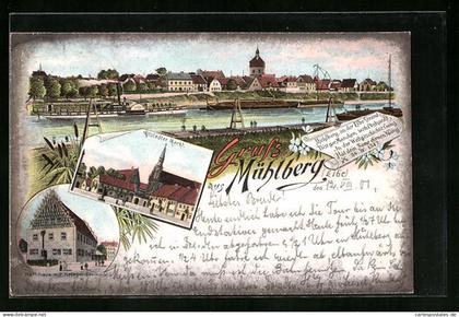 Lithographie Mühlberg /Elbe, Rathaus u. Kriegerdenkmal, Altstädter Markt, Totalansicht