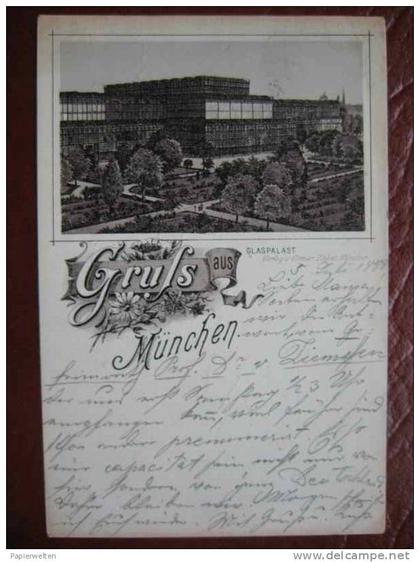 München - "Gruss aus München" - Glaspalast Lithographie 1888 / Zieher