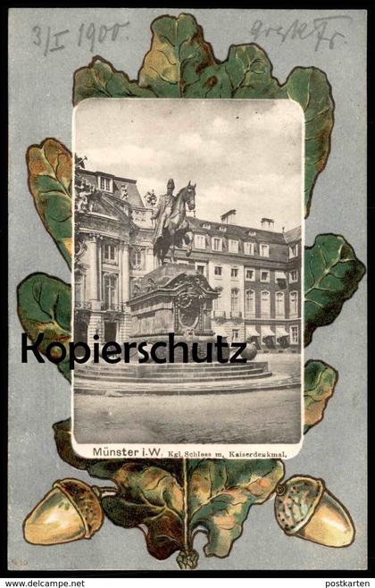 ALTE POSTKARTE MÜNSTER WESTFALEN KGL. SCHLOSS MIT KAISERDENKMAL castle monument Eiche oak chene akorn cpa postcard AK